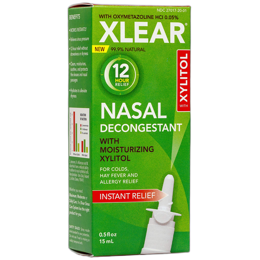 Xlear 12-Hour Natural Saline Nasal Decongestant Spray with Xylitol and Oxymetazoline, Instant Sinus Pressure and Congestion Relief for Kids and Adults 0.5 fl oz (Pack of 2)