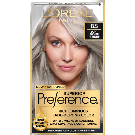 L'Oreal Paris Superior Preference Luminous Fade-Defying Permanent Hair Color, Hair Dye For Up to 9 Weeks of Radiance, Light Silver Blonde 8S, 1 Hair Dye Kit