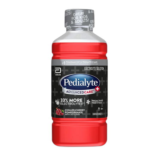 Pedialyte AdvancedCare Plus Electrolyte Hydration Drink, Has 33% More Electrolytes and Has PreActiv Prebiotics, Chilled Cherry Pomegranate, 1 Liter