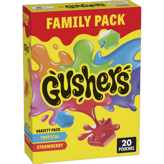 Gushers Fruit Flavored Snacks Family Pack, Tropical & Strawberry Flavors, Gluten Free Gummy Kids Snack, Bursting Juicy Center, Vitamin C Source, Individually Wrapped, Bulk Box, 20 Pouches, 16 oz Total