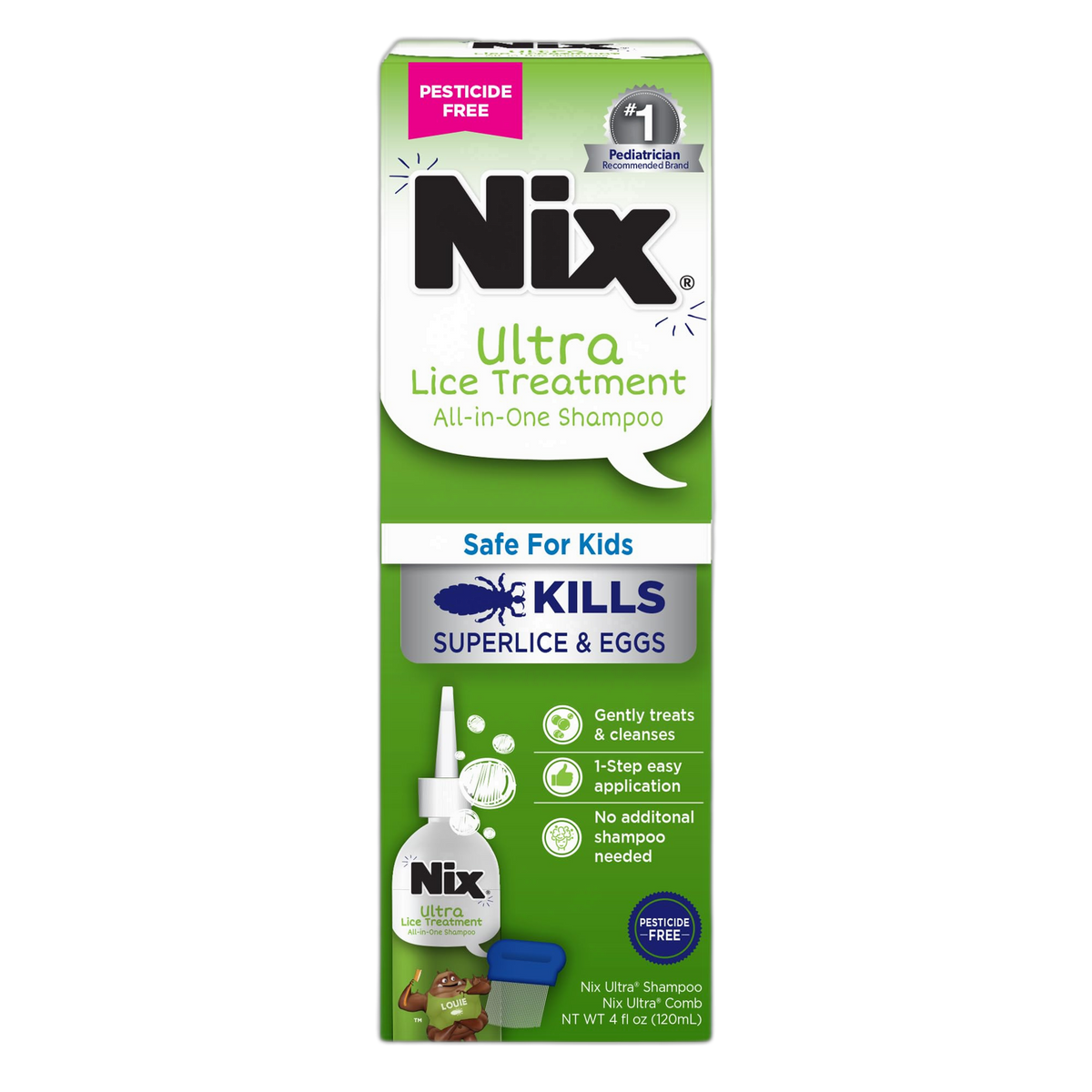 Nix Ultra Superlice Treatment, All-in-One Shampoo, 4 Fl Oz & Lice Removal Comb