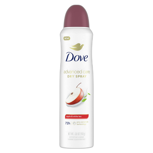 Dove Advanced Care Antiperspirant Deodorant Spray Apple & White Tea to help skin barrier repair by boosting skin's ceramide levels 72-hour odor and sweat protection 3.8 oz