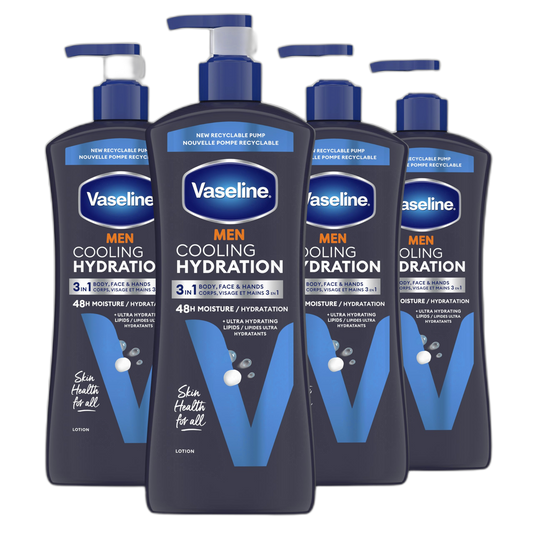 Vaseline Men Cooling Hydration 3-in-1 4 Pack for Dry Skin Face, Hands & Body Lotion for Men with Menthol & Ultra-Hydrating Lipids 20.3 oz