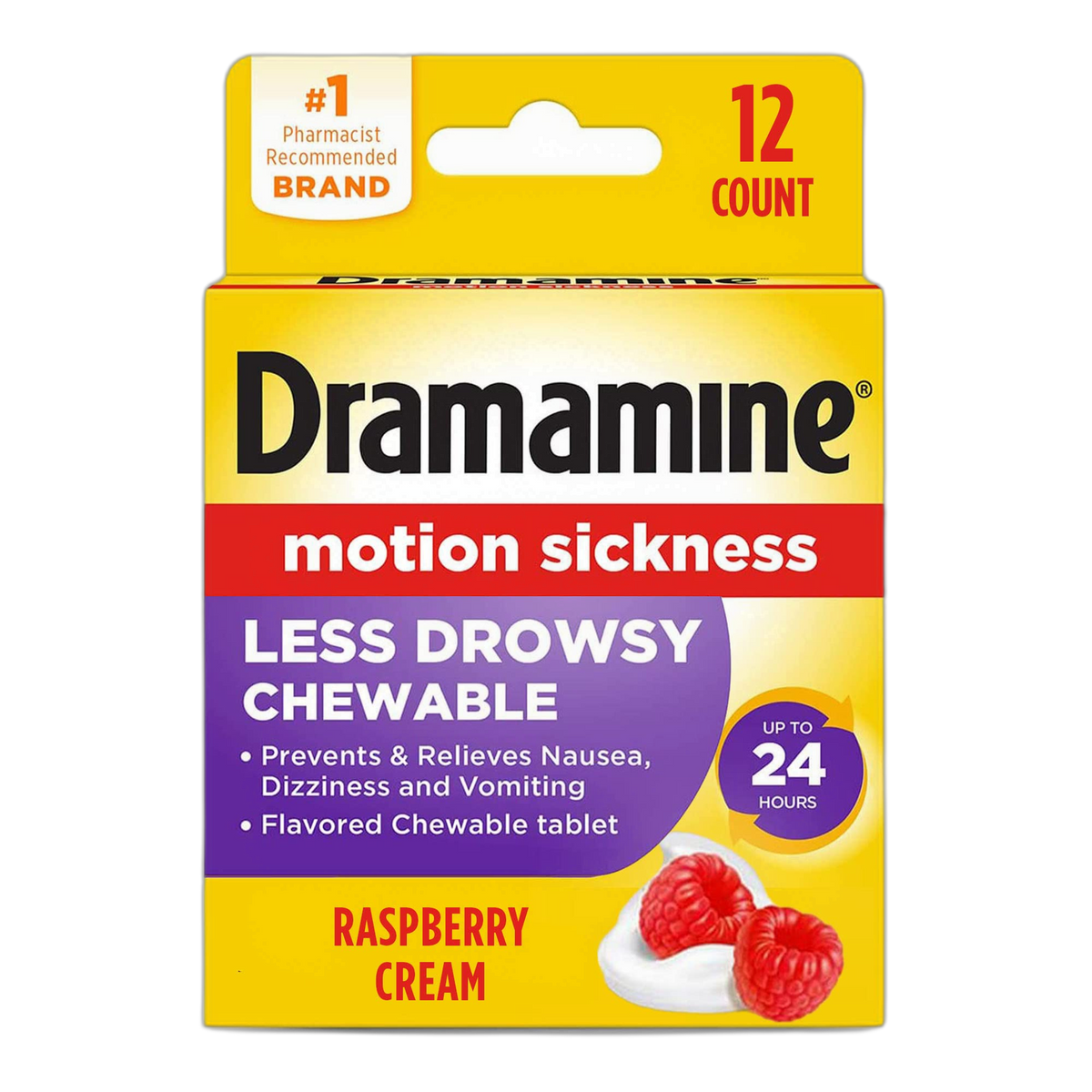 Dramamine Chewable Less Drowsy, Motion Sickness Relief, Raspberry Cream Flavor, 12 Count