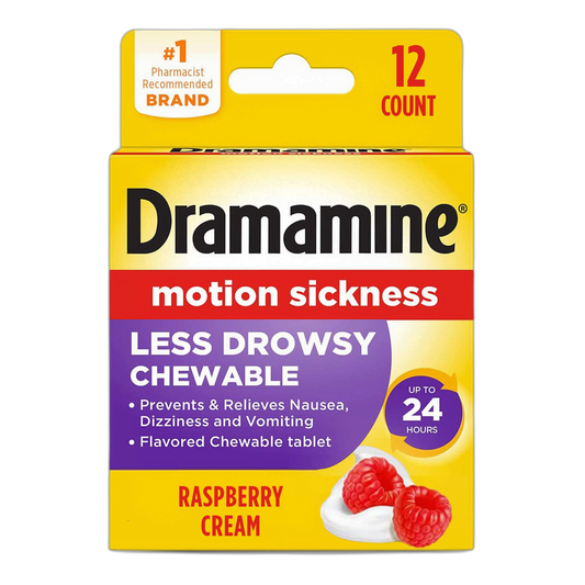 Dramamine Chewable Less Drowsy, Motion Sickness Relief, Raspberry Cream Flavor, 12 Count