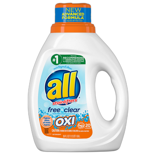 All all Liquid Laundry Detergent with OXI Stain Removers & Whiteners, Free Clear, 36 oz, 20 Loads, 36 fl oz