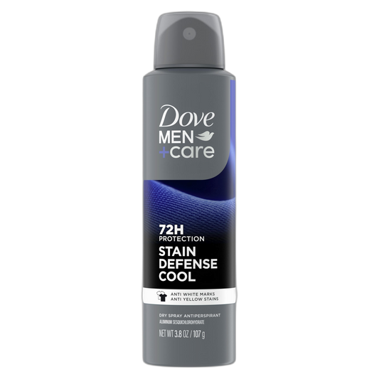 Dove Men+Care Antiperspirant Deodorant Stain Defense Cool Dry Spray For Men Anti-White Marks & Yellow Stains, 72-hour Sweat and Odor protection with Triple Defense Technology 3.8 oz