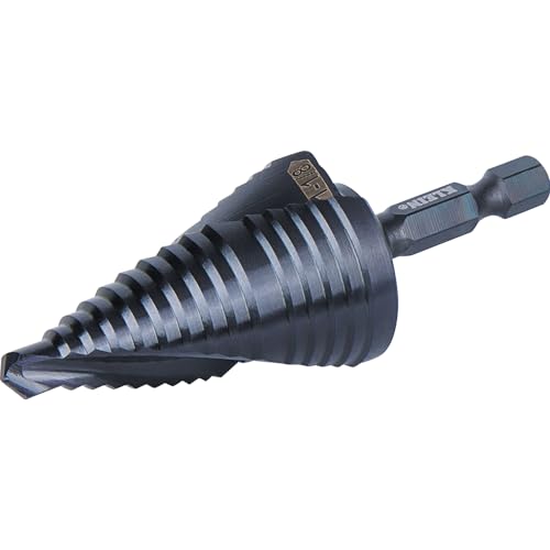 Klein Tools QRST11 Step Drill Bit, Quick Release Spiral Double-Fluted, 7/8 to 1-1/8-Inch, Hex Shank, Cut Steel, Wood, Plastic, Aluminum