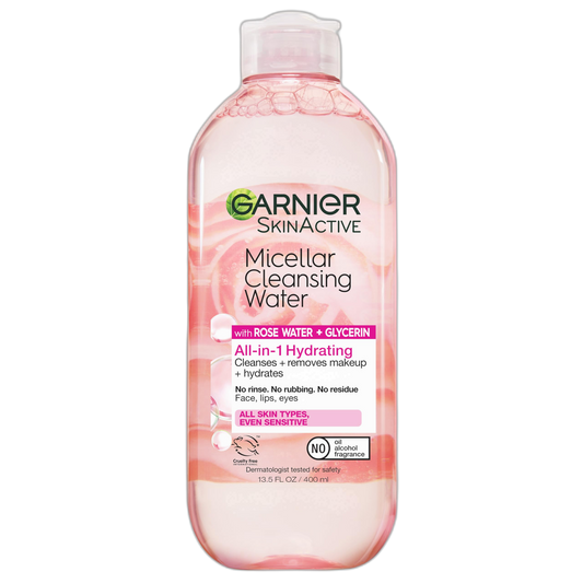 Garnier Micellar Water with Rose Water and Glycerin, Hydrating Facial Cleanser & Makeup Remover, For All Skin Types, Vegan, Cruelty Free, 13.5 Fl Oz (400mL), 1 Count