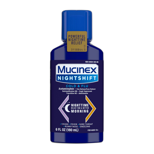 Mucinex Nightshift Cold & Flu Liquid That Relieves Fever/Sneezing/Sore Throat/Runny Nose and Cough, 6 Fl Oz (Pack of 1)