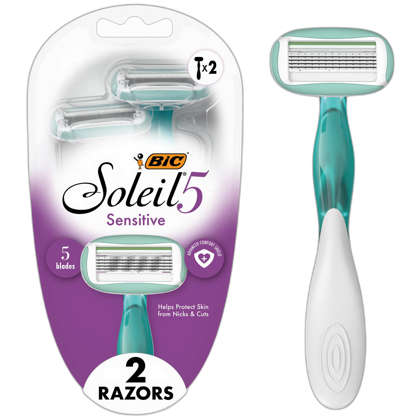 BIC Soleil Sensitive Advanced Women's Disposable Razors With 360 Degree Moisture Strips For Enhanced Glide, Shaving Razors With 5 Blades, 2 Count