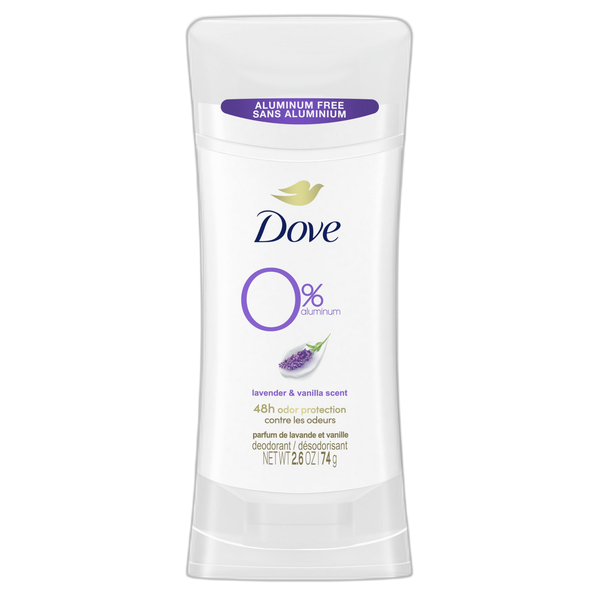 Dove 0% Aluminum Deodorant Stick Non irritating for Underarm Care Lavender and Vanilla Kindest Aluminum free 2.6 oz