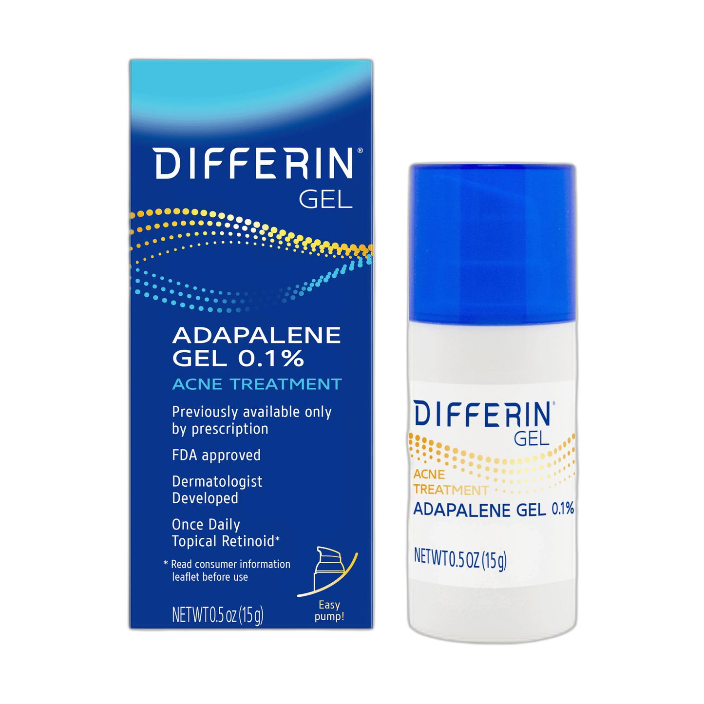 Differin Acne Treatment Gel, 30 Day Supply, Retinoid Treatment for Face with 0.1% Adapalene, Gentle Skin Care for Acne Prone Sensitive Skin, 15g Pump (Packaging May Vary)