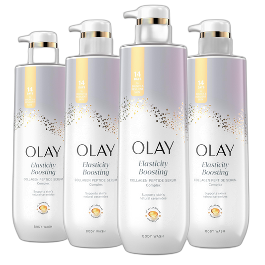 Olay Body Wash for Women, Elasticity Boosting, Collagen Peptide Serum Complex, Renews Moisture, Free of Parabens & Phthalates, Vitamin B3 Lameller Technology, For All Skin Types, 20 fl oz (Pack of 4)