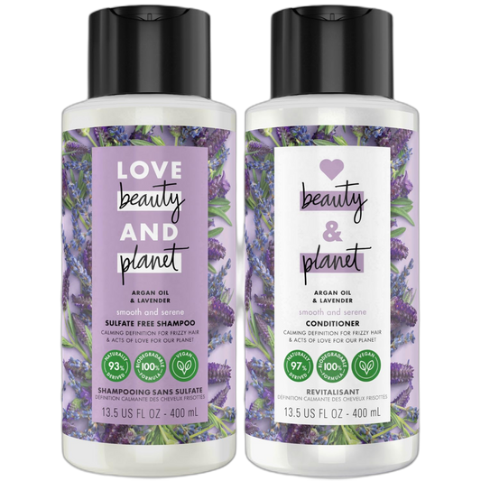 Love Beauty Planet Shampoo and Conditioner, Argan Oil & Lavender, Smooth & Serene - Sulfate-Free Shampoo & Conditioner, Frizz Control, Hair Smoothing, Scented, 13.5 Oz (2 Piece Set)