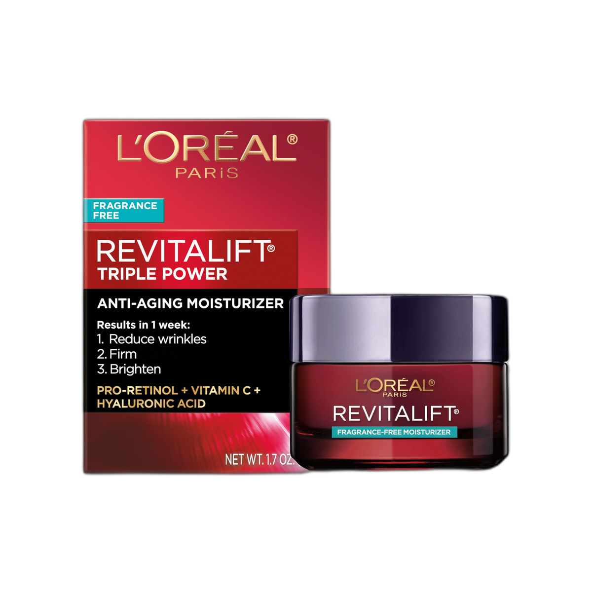 L'Oreal Paris Revitalift Triple Power Anti-Aging Face Moisturizer, Pro Retinol, Hyaluronic Acid & Vitamin C, Reduce Wrinkles, Fragrance Free 1.7 Oz