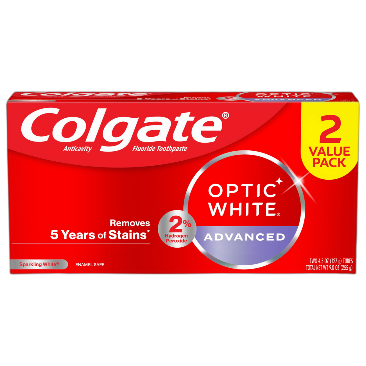 Colgate Optic White Advanced Teeth Whitening Toothpaste, 2% Hydrogen Peroxide Toothpaste, Sparkling White, 4.5 Oz, 2 Pack