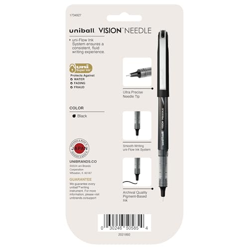 Uni-Ball 1734927 Vision Needle Rollerball Pens, Micro Point 0.5Mm , , 5 Count, Black