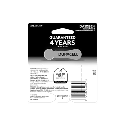 Duracell Hearing Aid Batteries Yellow Size 10, 24 Count Pack, 10A Size Hearing Aid Battery with Long-Lasting Power, Extra-Long EasyTab Install for Hearing Aid Devices