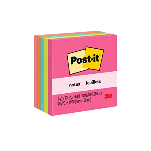 Post-it Notes 3x3 in 5 Pads America's #1 Favorite Sticky Notes, Poptimistic, Bright Colors, Clean Removal, Recyclable (655-5UC)