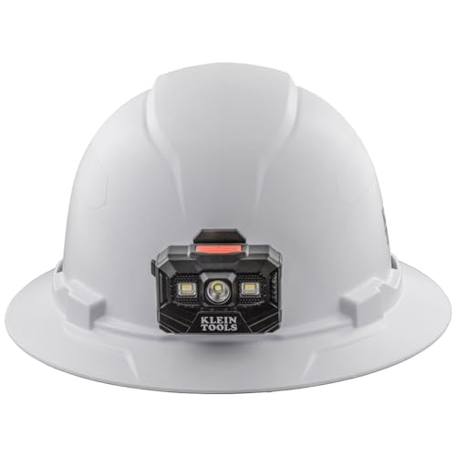 Klein Tools 60406RL Hard Hat, Rechargeable Headlamp, Non-vented, Full Brim Style, Padded Self-Wicking Odor-Resistant Sweatband, Tested up to 20kV, White