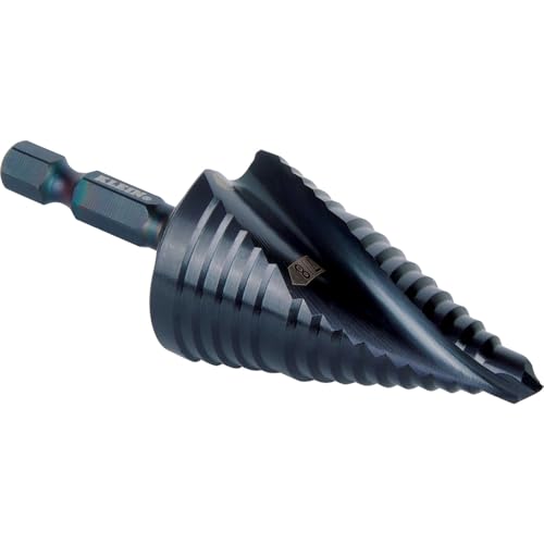 Klein Tools QRST11 Step Drill Bit, Quick Release Spiral Double-Fluted, 7/8 to 1-1/8-Inch, Hex Shank, Cut Steel, Wood, Plastic, Aluminum