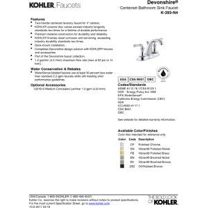 KOHLER 393-N4-2BZ Devonshire Centerset 4 inch Bathroom Faucet with Pop-Up Drain Assembly, 2-Handle Bathroom Sink Faucet, 1.2 gpm, Oil-Rubbed Bronze