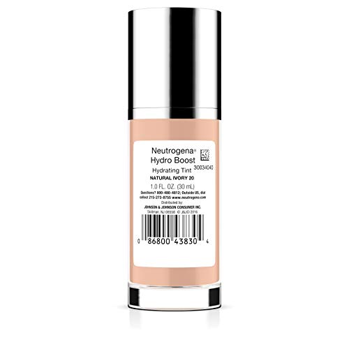 Neutrogena Hydro Boost Hydrating Tint Foundation Makeup for Dry Skin, with Hyaluronic Acid, Lightweight Oil-Free Water Gel, Non-Comedogenic, 20 Natural Ivory, 1.0 fl. oz