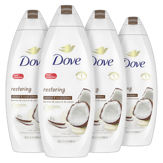 Dove Purely Pampering Body Wash for Dry Skin Coconut Butter and Cocoa Butter Effectively Washes Away Bacteria While Nourishing Your Skin 22 oz 4 count