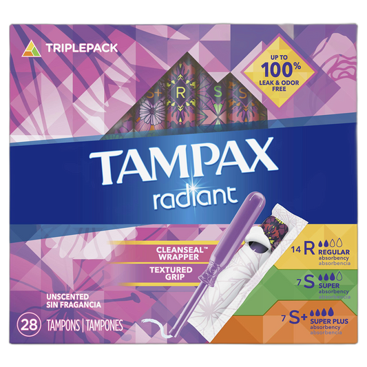 Tampax Radiant Tampons Trio Pack Regular/Super/Super Plus Absorbency, Unscented, 28 Count
