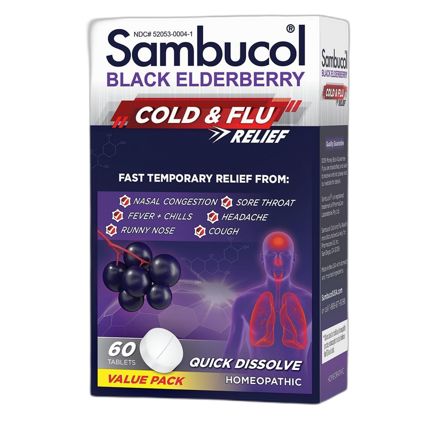 Sambucol Cold and Flu Relief Tablets - Homeopathic Cold Medicine, Cold Remedy for Adults, Black Elderberry for Colds, Zinc Cold Remedy - 60 Count