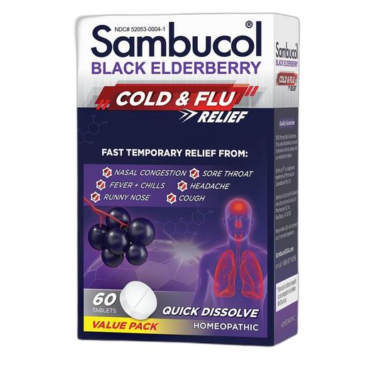 Sambucol Cold and Flu Relief Tablets - Homeopathic Cold Medicine, Cold Remedy for Adults, Black Elderberry for Colds, Zinc Cold Remedy - 60 Count