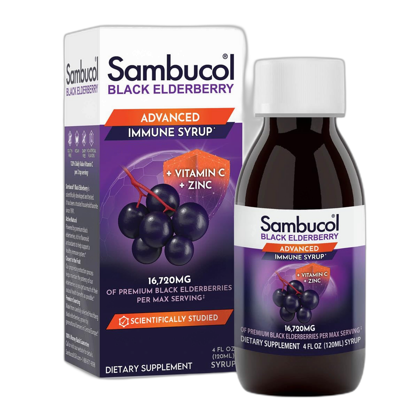 Sambucol Advanced Black Elderberry Syrup - Elderberry with Zinc and Vitamin C for Adults, Sambucus Elderberry Syrup, Elderberry Liquid - 4 Fl Oz