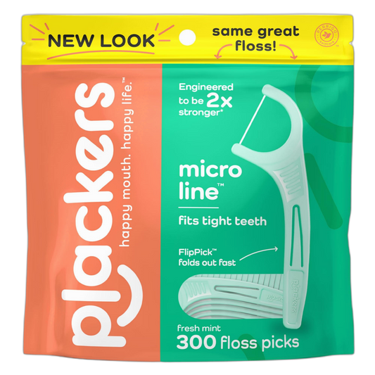 Plackers Micro Line Dental Floss Picks, Fold-Out FlipPick, Tuffloss, Easy Storage with Sure-Zip Seal, Fresh Mint Flavor, 300 Count