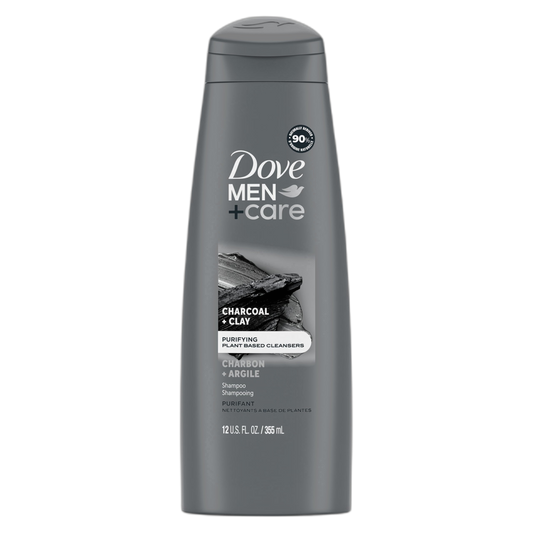 DOVE MEN + CARE Shampoo Charcoal + Clay for Healthy-Looking Hair Naturally Derived Plant Based Cleansers 12 oz