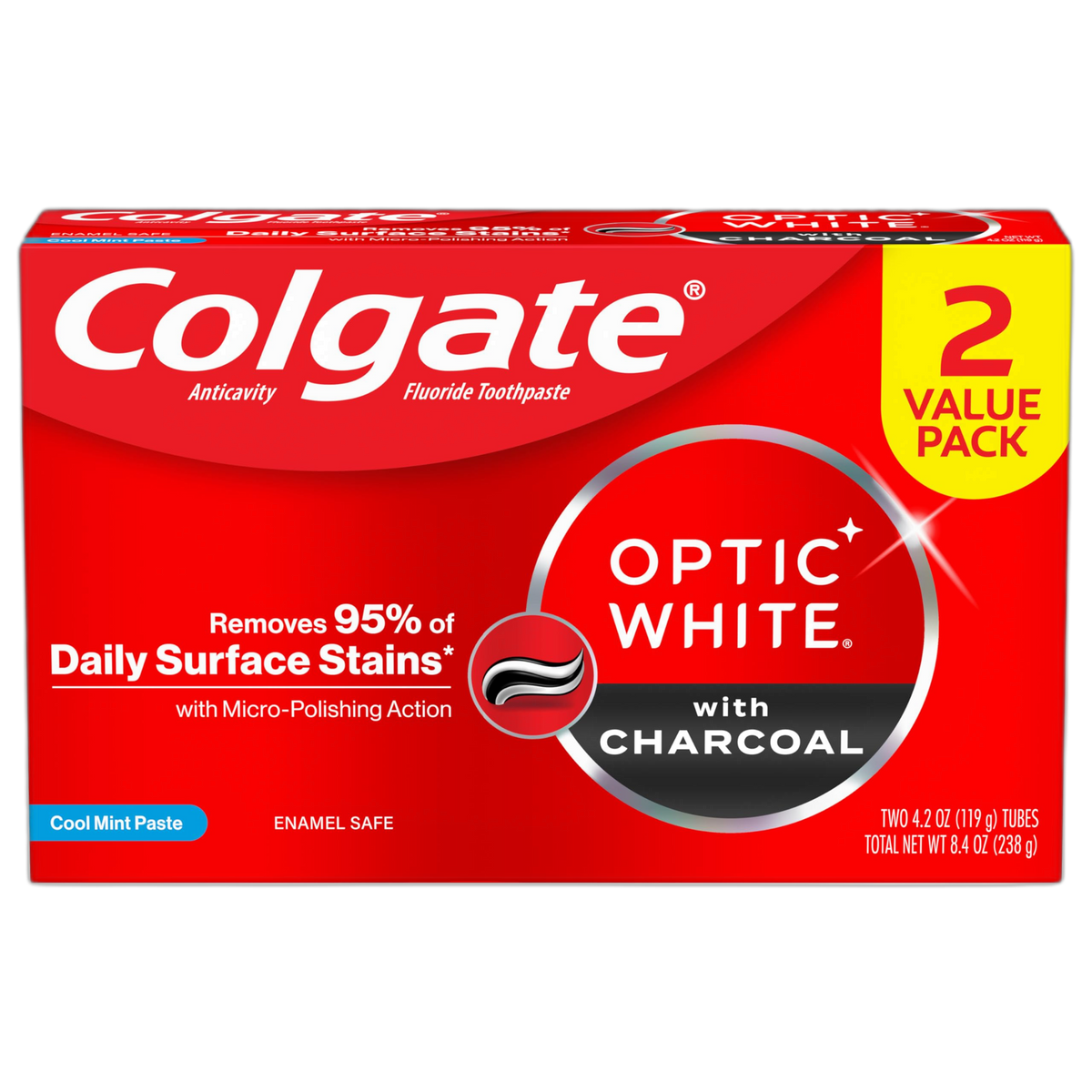 Colgate Optic White Charcoal Whitening Toothpaste, Cool Mint, Enamel-Safe with Fluoride, 2 Pack 4.2oz Tubes