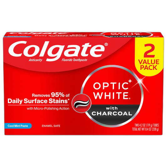 Colgate Optic White Charcoal Whitening Toothpaste, Cool Mint, Enamel-Safe with Fluoride, 2 Pack 4.2oz Tubes