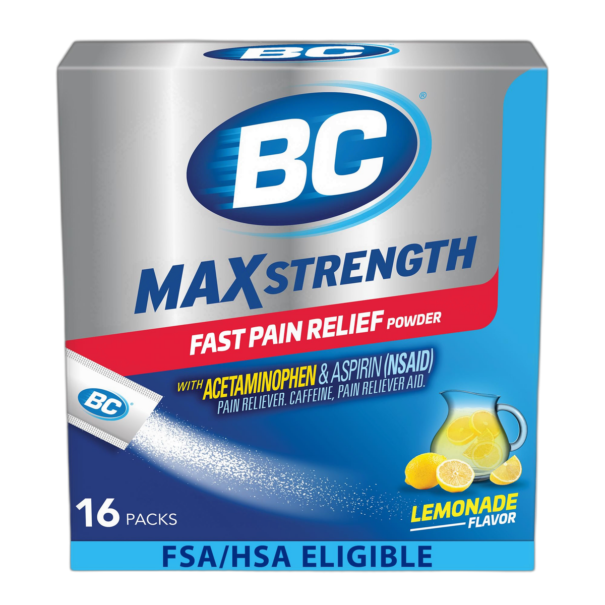 BC MAX Strength Fast Pain Relief Powder, Lemonade Flavor Aspirin 500mg and Acetaminophen 500mg Dissolve Packs, 16 Count