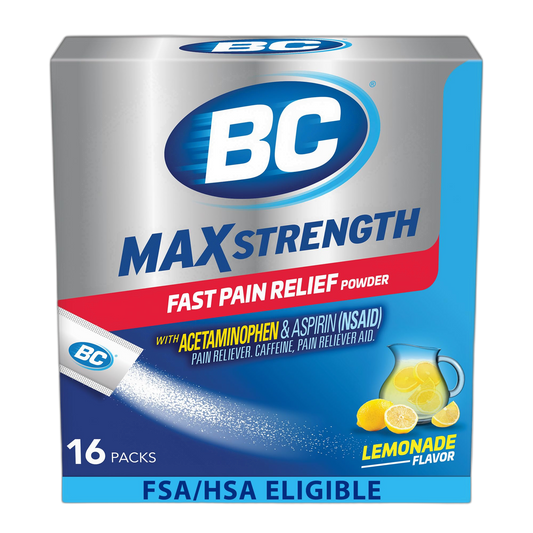 BC MAX Strength Fast Pain Relief Powder, Lemonade Flavor Aspirin 500mg and Acetaminophen 500mg Dissolve Packs, 16 Count