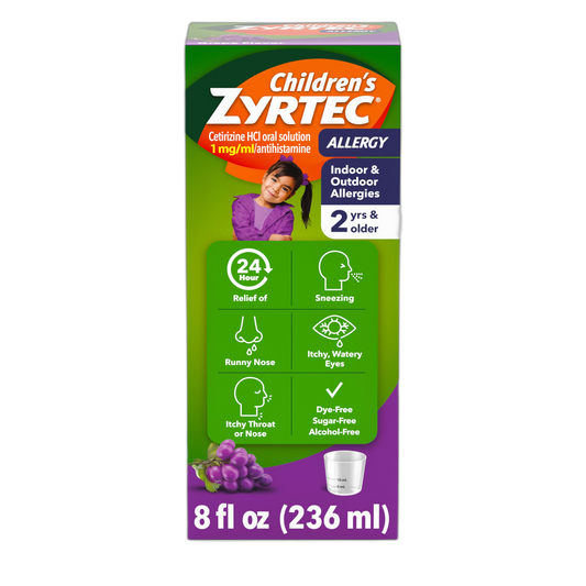 Zyrtec Children's 24 Hour Allergy Relief Syrup, 5 mg Cetirizine Hydrochloride Antihistamine, Kids Allergy Medicine for Indoor & Outdoor Allergy Relief, Dye- & Sugar-Free, Grape, 8 fl. oz