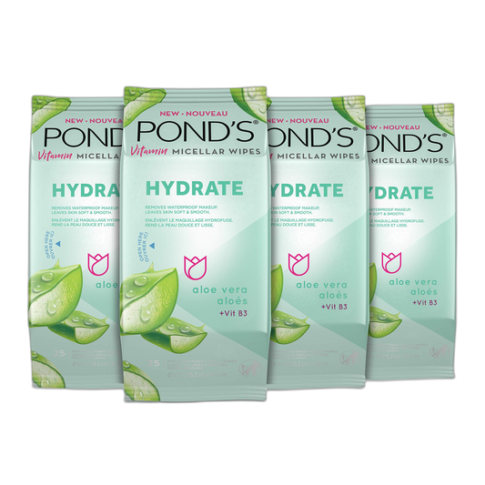 POND'S Vitamin Micellar Makeup Remover Wipes for Dry Skin, Skin Care Hydrating Aloe Vera Daily Face Wipes Remove Dirt, Waterproof Makeup, 25 Count, 4 Pack