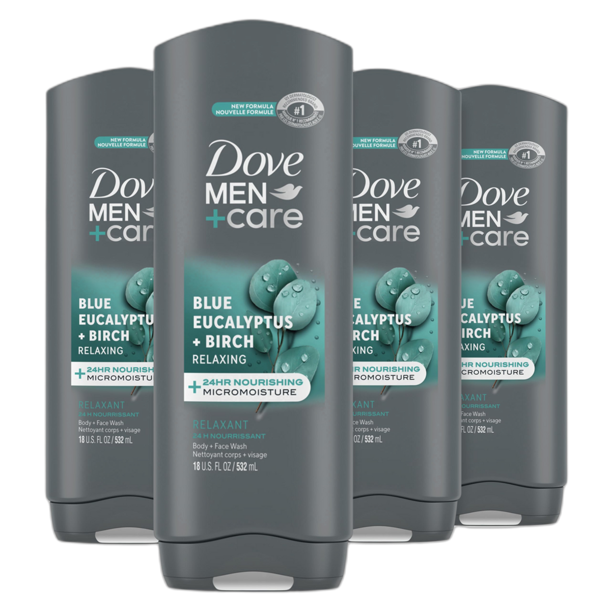 DOVE MEN + CARE Mens Body Wash Blue Eucalyptus and Birch 4 Count Dry Skin Body Wash with Micromoisture, Effectively Washes Away Bacteria While Nourishing Your Skin, 18 oz