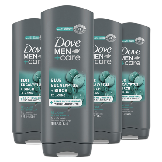 DOVE MEN + CARE Mens Body Wash Blue Eucalyptus and Birch 4 Count Dry Skin Body Wash with Micromoisture, Effectively Washes Away Bacteria While Nourishing Your Skin, 18 oz