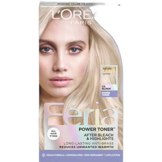 L'Oreal Paris Feria Long-Lasting Anti Brass Power Hair Toner, Ammonia Free Demi Permanent Hair Color, Ice Blonde Hair Toner, 1 Application
