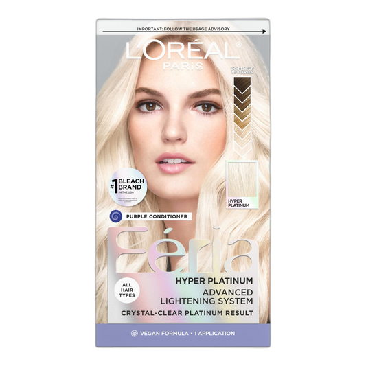 L'Oreal Paris Feria Hyper Platinum Advanced Lightening System Hair Bleach, Lifts Up To 8 Levels, Includes Anti Brass Purple Conditioner, 1 Hair Dye Kit