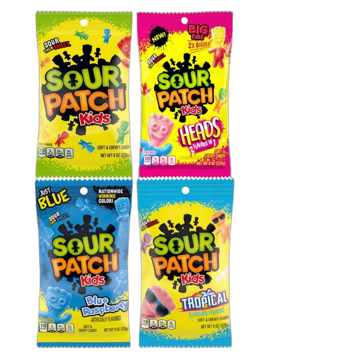 SOUR KIDS Variety, Original, Blue Raspberry, Tropical, and Heads 8 Ounce Bags (Pack of 4) - with Make Your Day Bag Clip