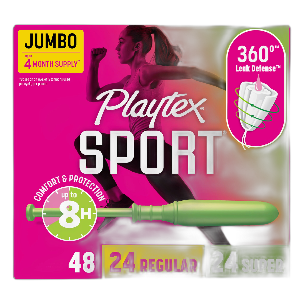 Playtex Sport Tampons Multipack (24ct Regular/24ct Super), Fragrance-Free - 48ct | Tampons Regular and Super, Playtex Tampon Multipack, Feminine Care with 360 Leak Defense