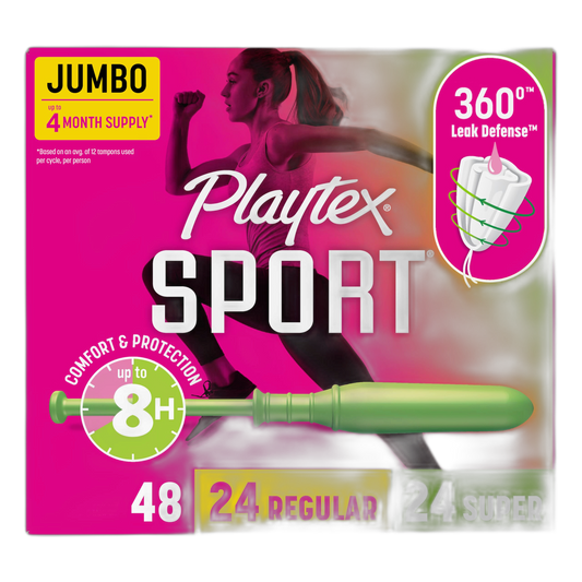 Playtex Sport Tampons Multipack (24ct Regular/24ct Super), Fragrance-Free - 48ct | Tampons Regular and Super, Playtex Tampon Multipack, Feminine Care with 360 Leak Defense