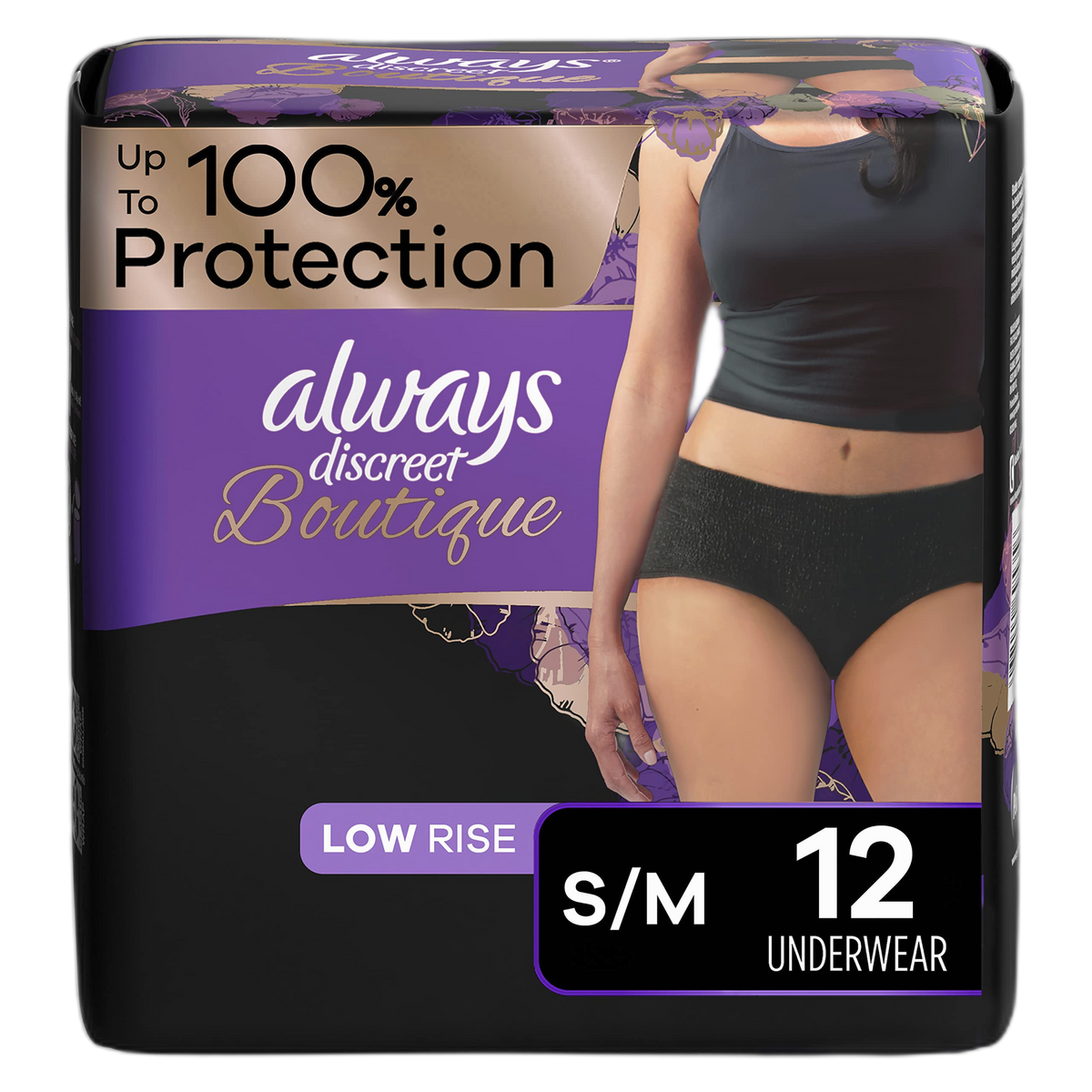 Always Discreet Boutique Low-Rise Postpartum Incontinence Underwear Size S/M Maximum Absorbency, Up to 100% Leak Protection, Black, 12 Count