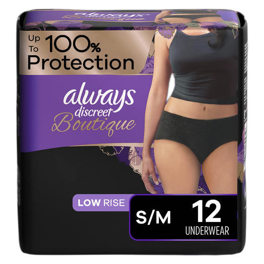 Always Discreet Boutique Low-Rise Postpartum Incontinence Underwear Size S/M Maximum Absorbency, Up to 100% Leak Protection, Black, 12 Count